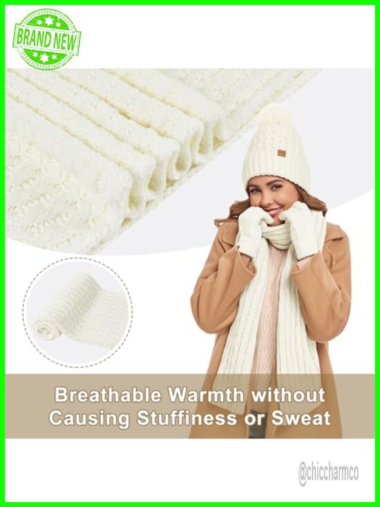 3 in 1 Winter Beanie Hat Scarf Gloves Set Fleece Lined Touchscreen